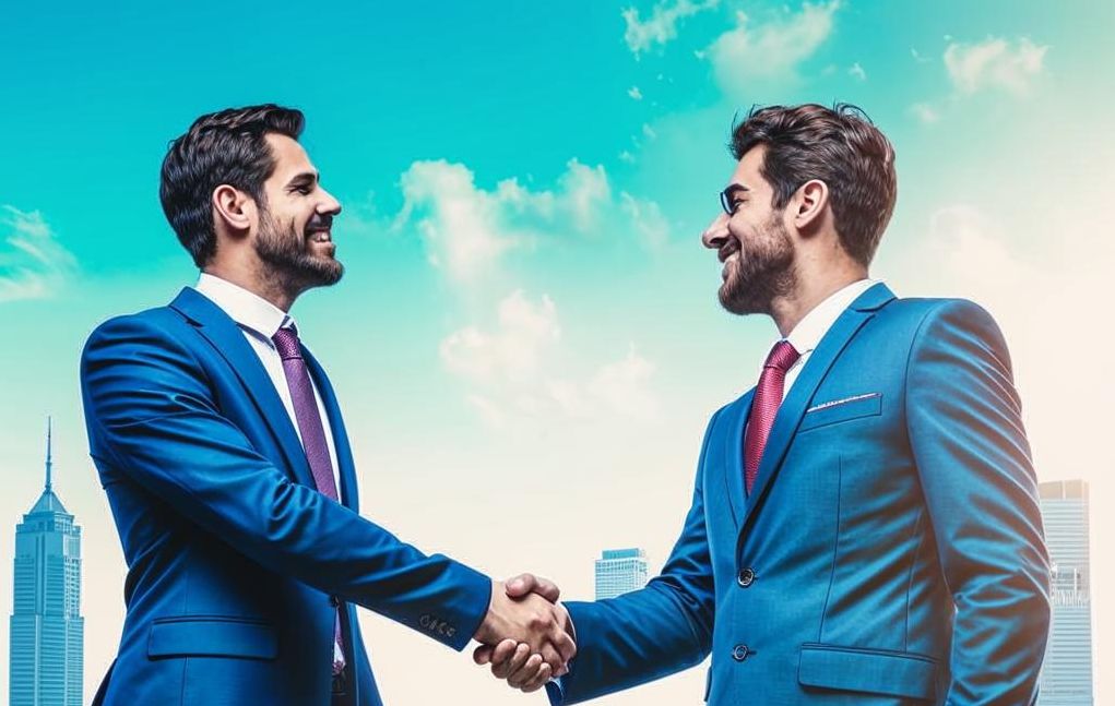 Бизнесмены радостно пожимают руки